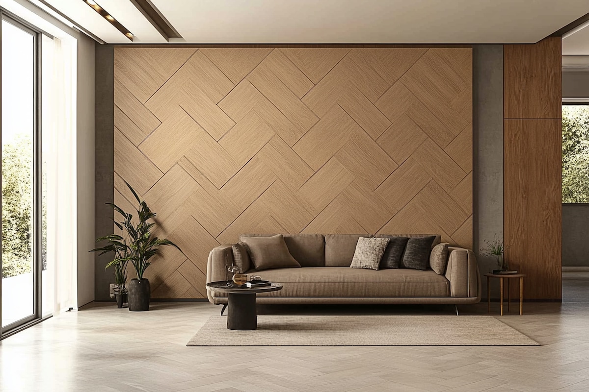 Contemporary Living Room Wall Design With Beige Chevron Wallpaper And Floor-To-Ceiling Wooden Panel