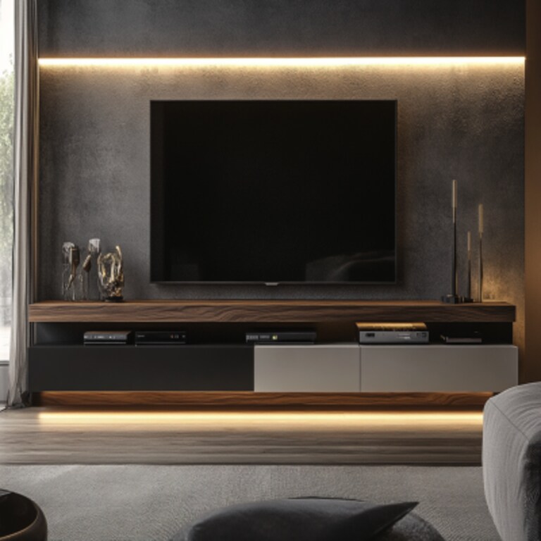 Contemporary TV Unit Design with Wall-Mounted Drawer and Dark Panel