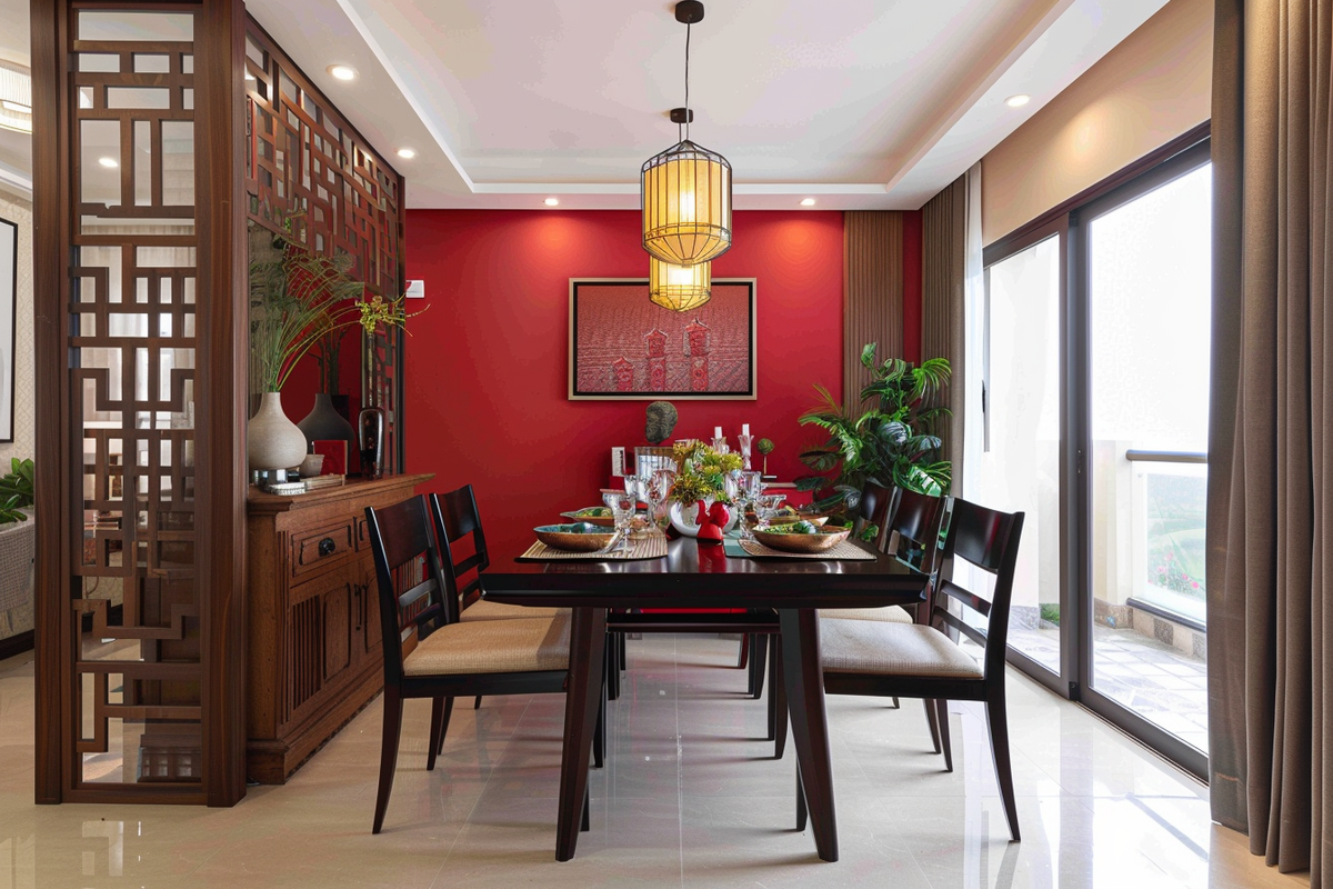 Classic 6-Seater Wood And Dark Brown Dining Room Design With Red Accent Wall