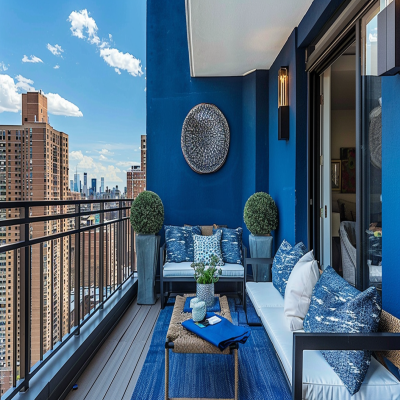 Contemporary Balcony Design with Blue Accent Wall and Stylish Furnishings