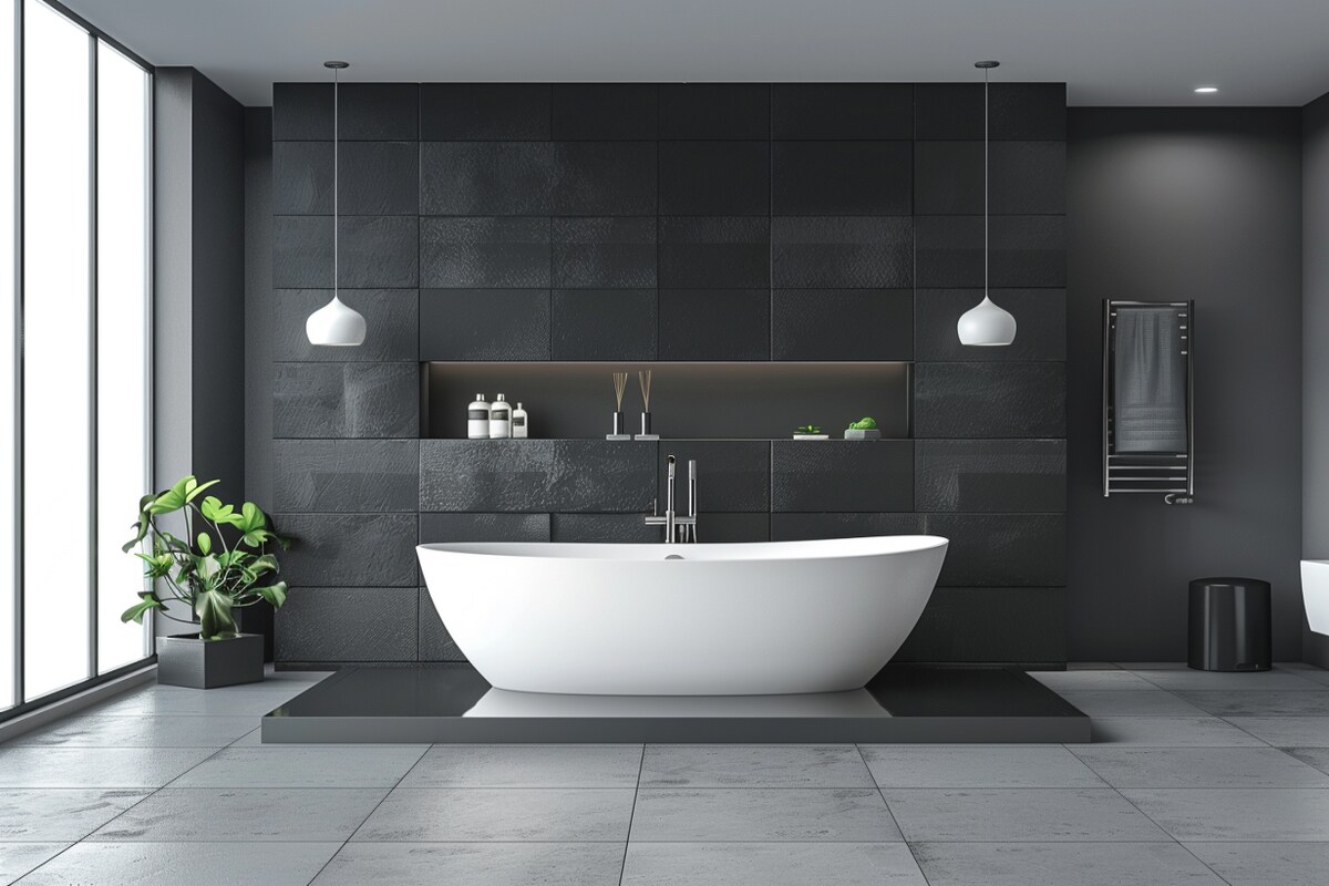 Modern Bathroom Design With Grey And Black Wall Tiles