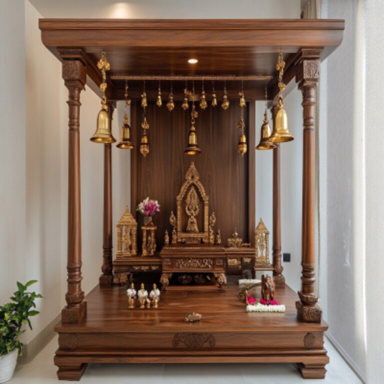 Contemporary Pooja Room With Wooden Frame And Gold Bells