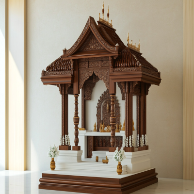 Contemporary Mandir Design In White And Brown With Two-Tier Platform