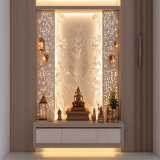 Modern Pooja Unit Design With Glass Panelling