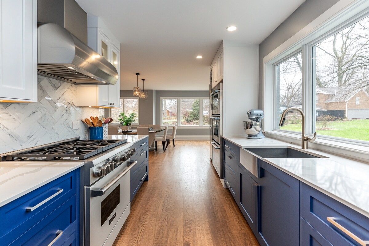 Modern Parallel Kitchen Design with White and Blue Cabinets