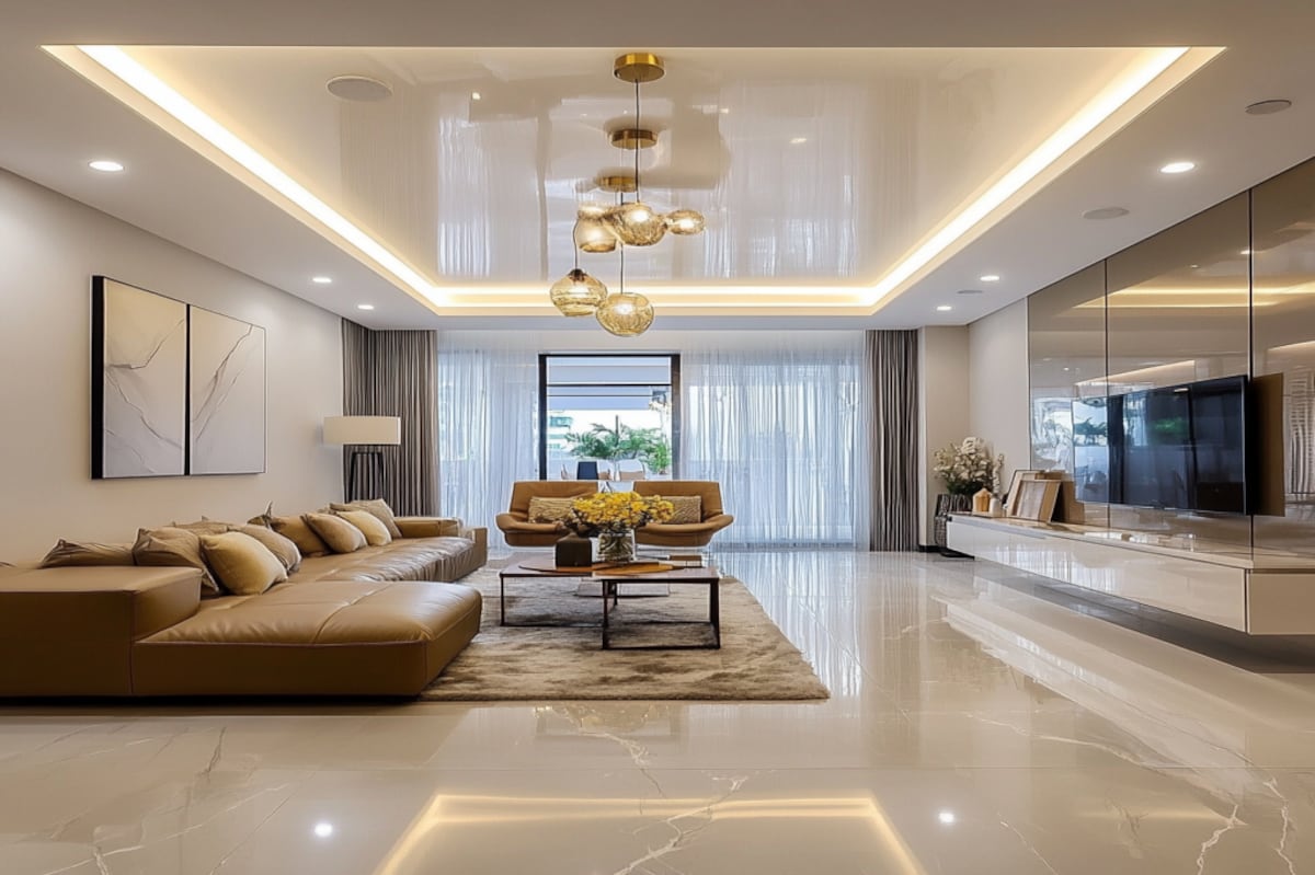 Contemporary POP Single Layered Ceiling Design With Pendant Lights