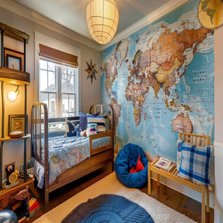 Contemporary Kids Room Design With Vintage-Style World Map Wallpaper