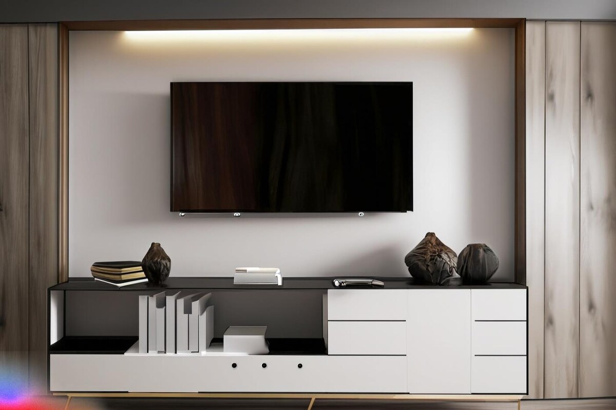 Modern TV Unit Design in Glossy Wooden Laminate with Grey Wall Modern TV Unit Design in Glossy Wooden Laminate with Grey Wall