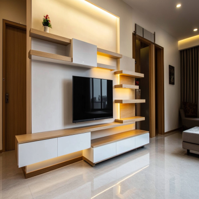 White And Wood Modern Floor-Mounted Stepped TV Unit Design