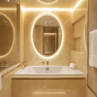 Minimal Cream-Toned Bathroom Design With Round Backlit Mirror