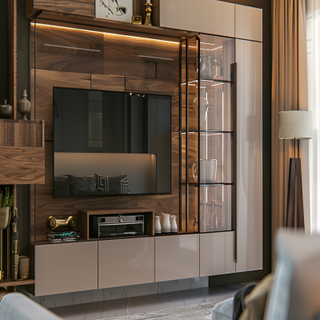 Modern Irish Cream And Wooden Wall-Mounted TV Unit Design With Glass Unit