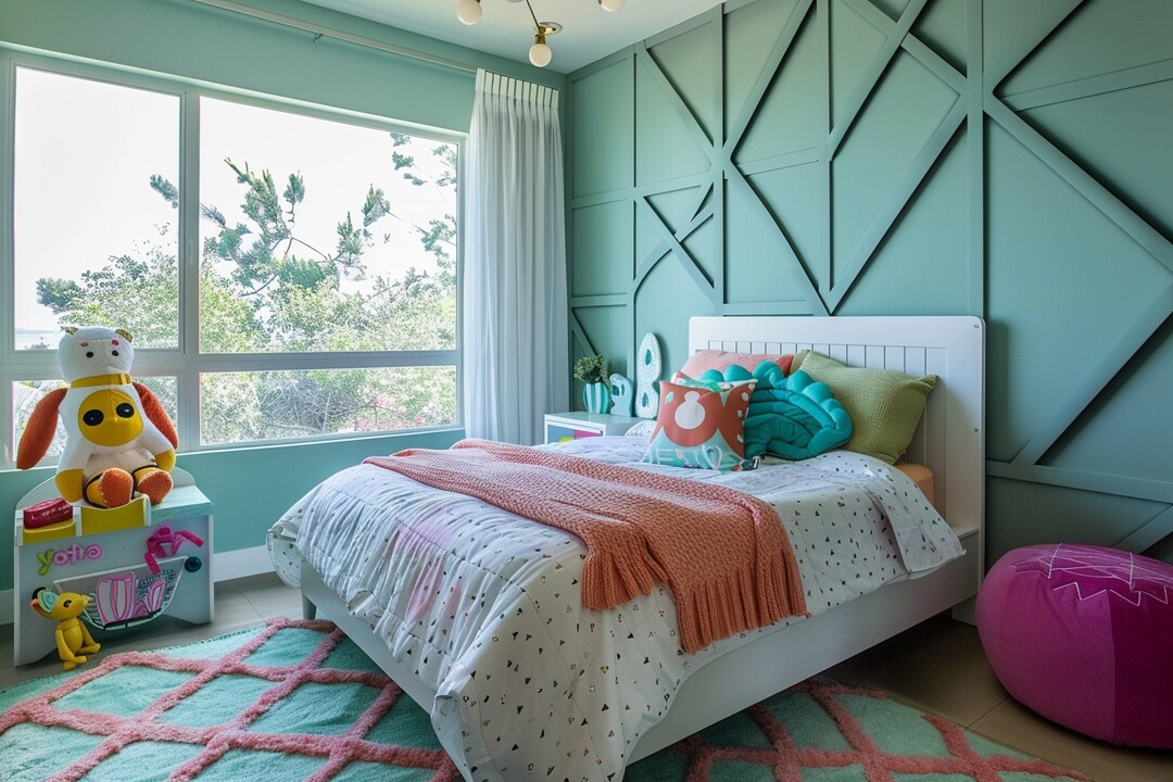 Contemporary Kids Room Design For Girls With Sea-Green Accent Wall And ...