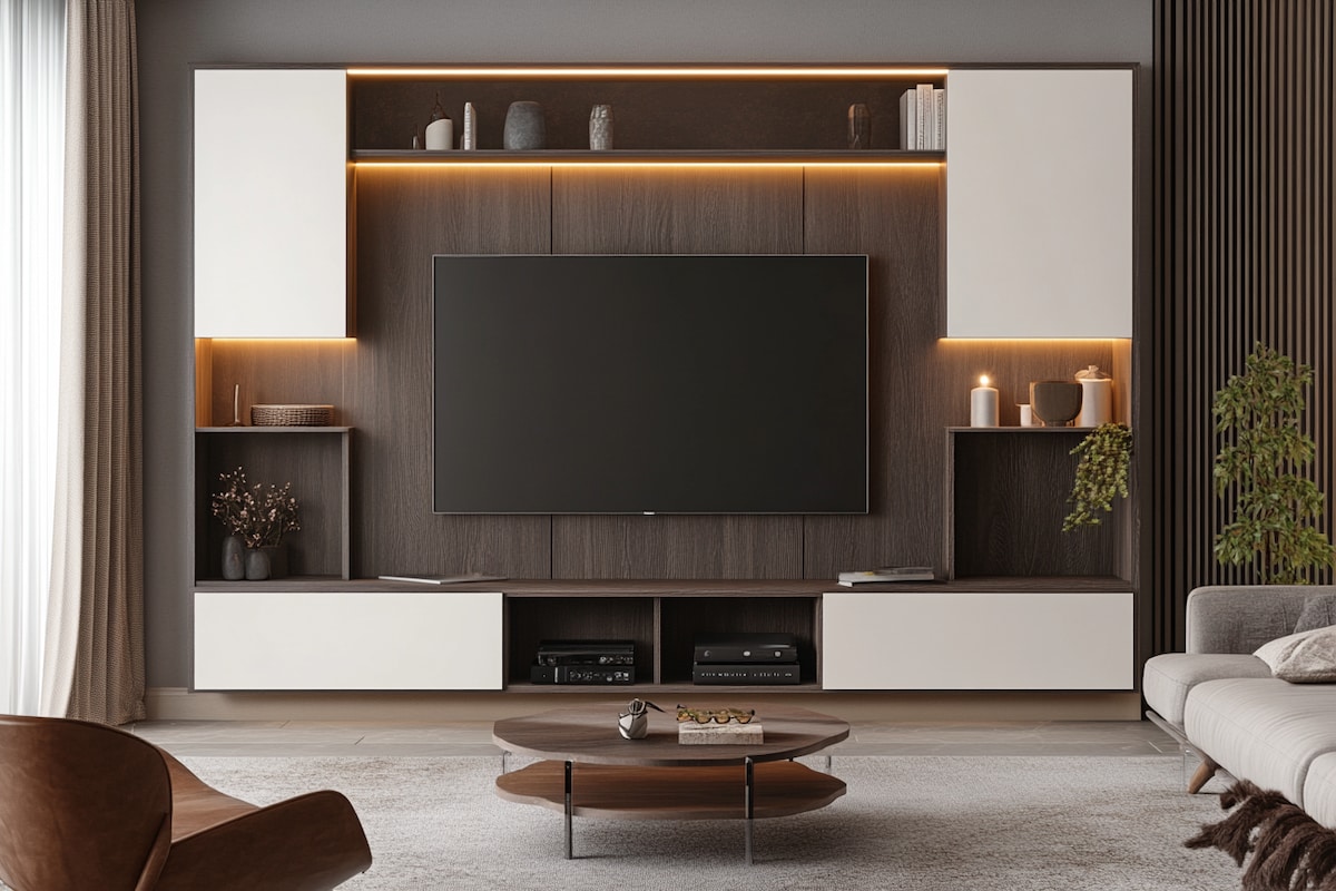 Modern Dark Wood and White Wall-Mounted TV Unit Design with Light Brown Accent Wall