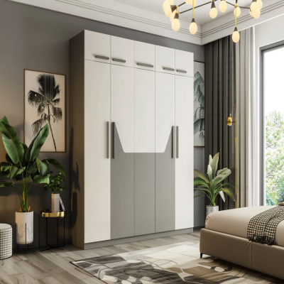 Modern 4-door Dove Grey And White Swing Wardrobe Design With Loft Storage