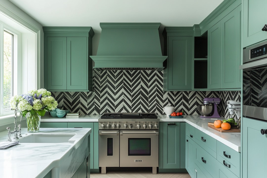 Classic Sea-Green Regalia L-Shaped Kitchen Design With Black-White ...