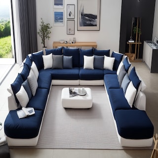 Modern Living Room Design With U-Shaped Navy Blue And White Sofa Set