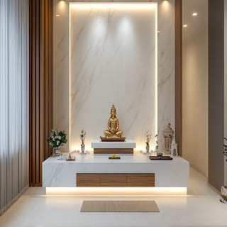 Modern Mandir Design With A White Marble Back Wall