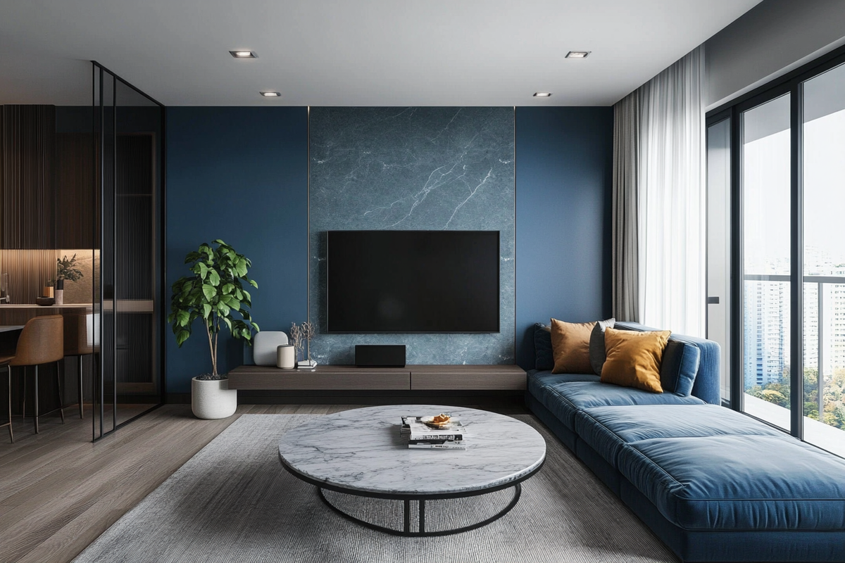 Modern Blue Living Room Design With Grey Marble Oval Coffee Table