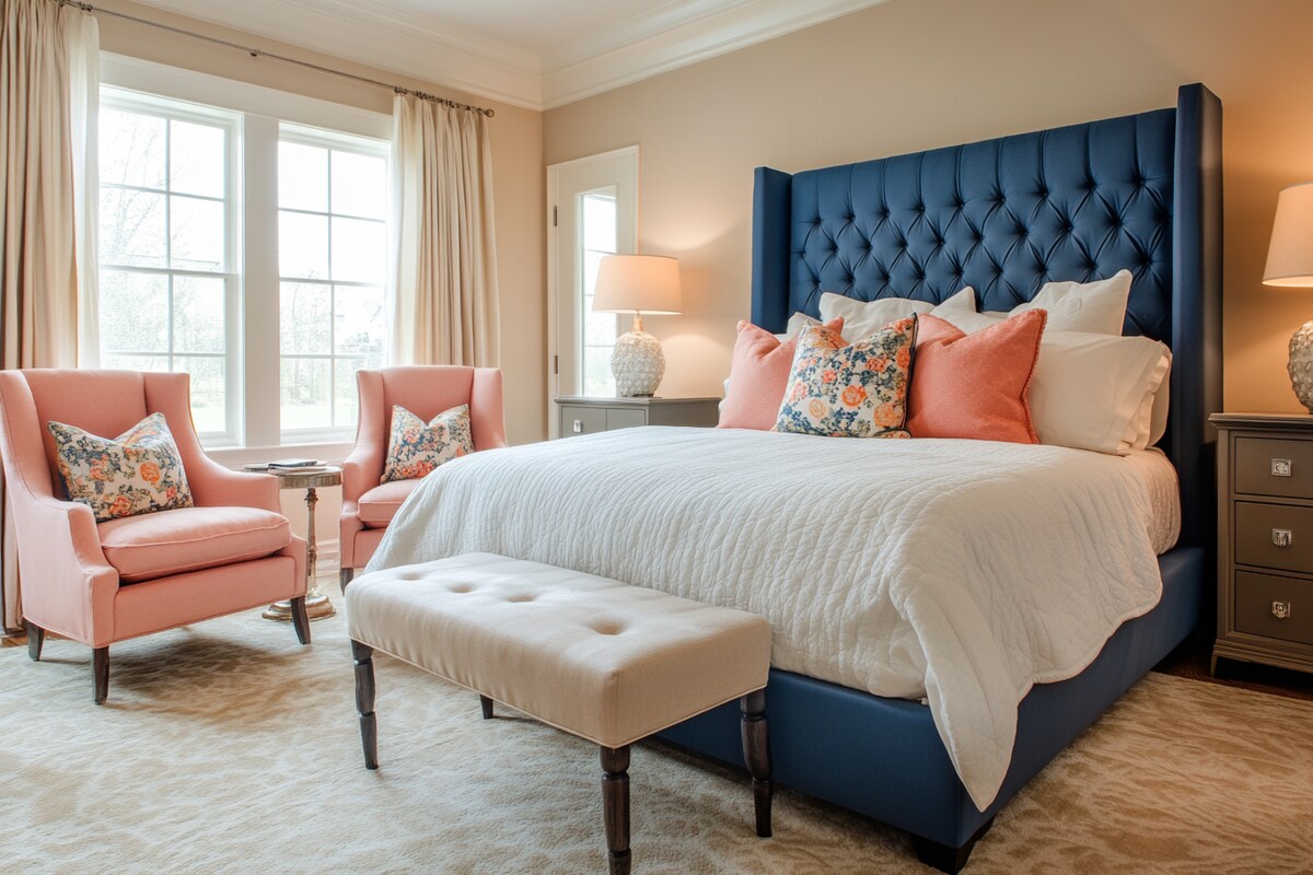 Contemporary Master Bedroom Design With Blue Headboard And Peach Accent Chairs