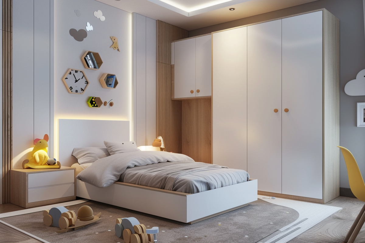 Minimal Kids Room Design With White Single Bed And 2-Door Wooden Wardrobe