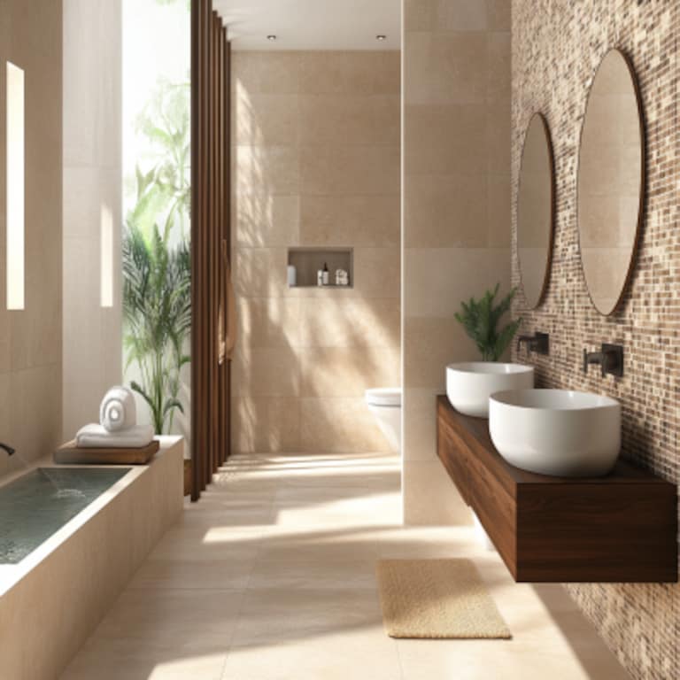 Contemporary Beige And Brown Bathroom Design With Double Wash Basin