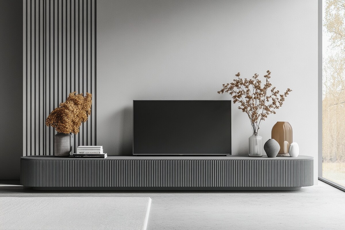 Sleek Modern TV Unit Design with Grey Fluted Panel Accent Wall