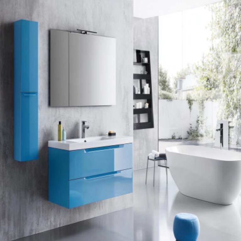 Modern Grey And Blue Bathroom Design With Wall-Mounted Vanity Unit