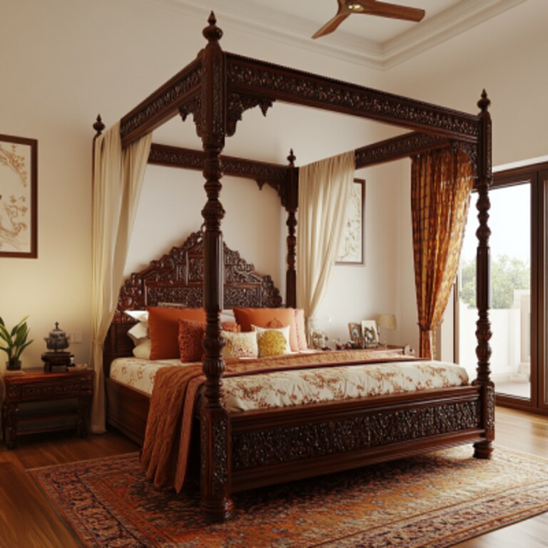 Indian Traditional Style Canopy Bed Master Bedroom Design