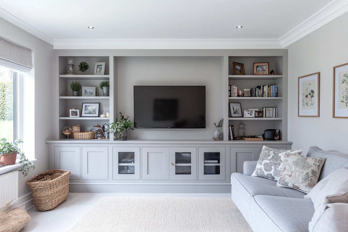 Contemporary Dove Grey TV Unit Design with Wall-Mounted Cabinet and Open Storage