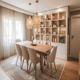 Minimal 8-seater Beige And White Dining Room Design With Wooden Open Shelf Storage