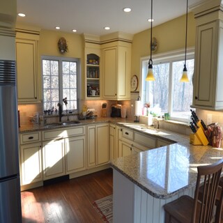 Stylish L-Shaped Kitchen Design with Yellow Accents and Corian Countertops