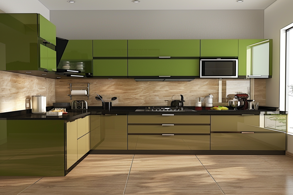 Modular Beige And Green L-shaped Kitchen Design With Black Kitchen Countertop