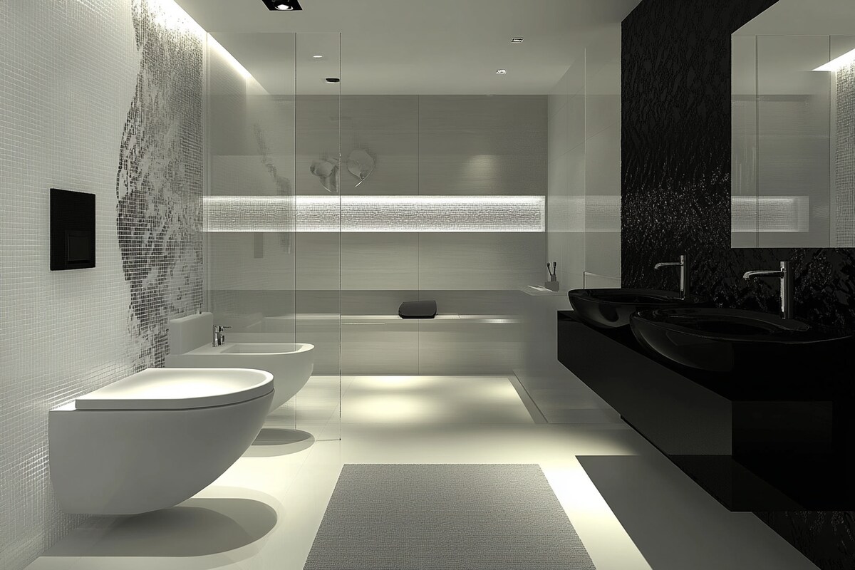 White And Grey Contemporary Bathroom Design With Black Sanitary Fittings