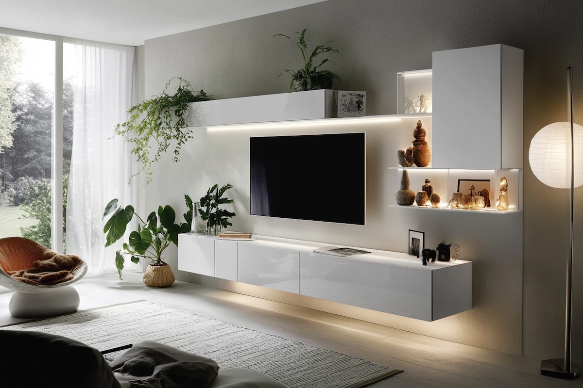 Modern Frosty White TV Unit Design with Wall-Mounted Cabinet and Open Wall Rack