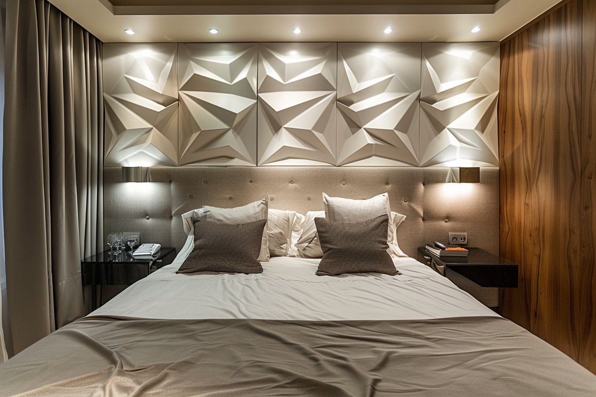 Modern Bedroom Design With Grey Wall And 3D Wall Panelling