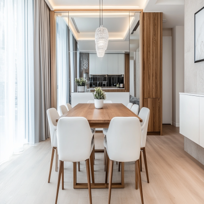 Classic 8-Seater White And Wood Dining Room Design With Mirrored Wall Panel