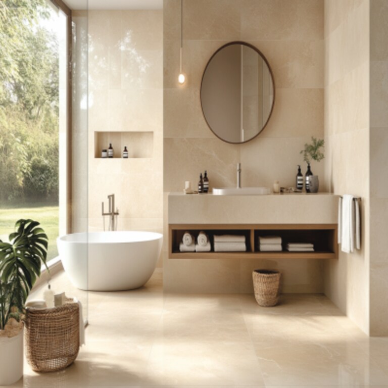 Scandinavian Bathroom Design with Beige Tiles and Vanity Storage