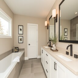Contemporary Black And Cream Bathroom Design With White Storage
