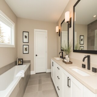 Modern Grey And Beige Bathroom Design With Quartz Countertop