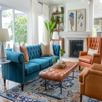 Eclectic Living Room Design With Turquoise Tight Back Sofa And Tan Leather Accent Chair