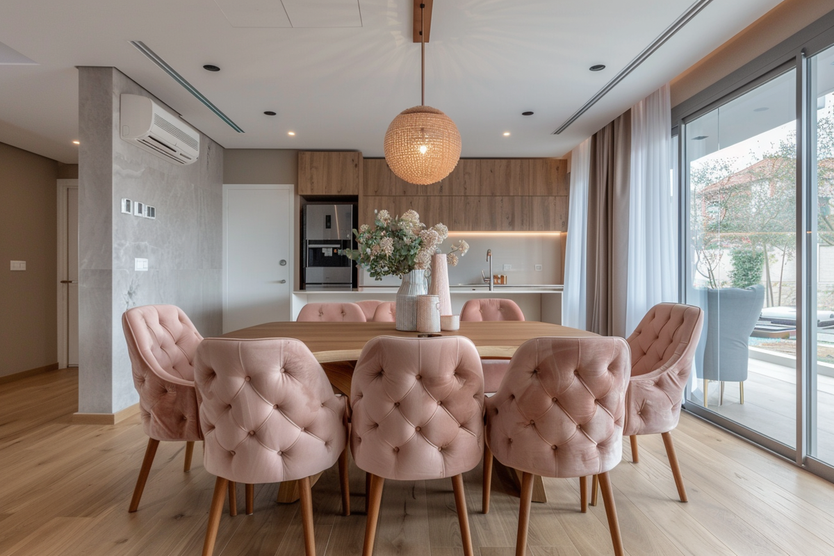 Contemporary Wooden 8-seater Dining Room Design With Light Pink Upholstered Chairs And A Seater