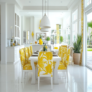 Contemporary White Dining Room Design With Yellow And Tropical-Inspired Chairs