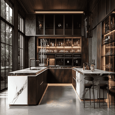 Modern L-Shaped Kitchen Design With Vino Toscano and Beluga Units