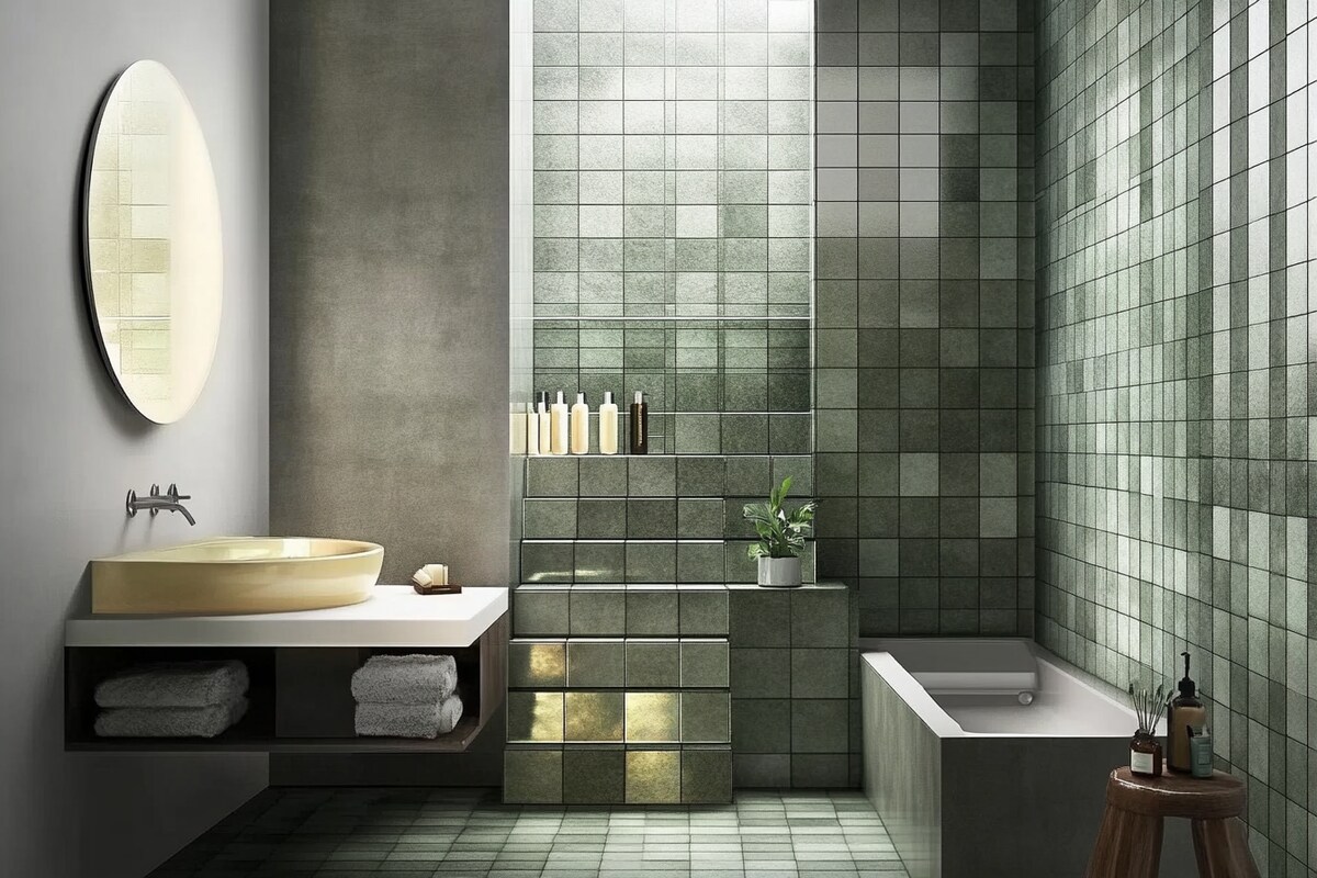Contemporary Stepladder And Checkerboard Porcelain Bathroom Tile Design In Grey And Green Contemporary Stepladder And Checkerboard Porcelain Bathroom Tile Design In Grey And Green
