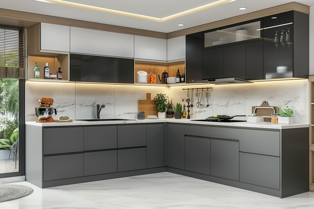 Modern Gothic Grey And Smoke Grey Modular L-Shape Kitchen Design White ...