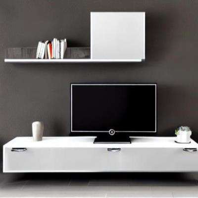 Modern TV Unit Design in Black and Silver Laminate with Open Wall Shelf