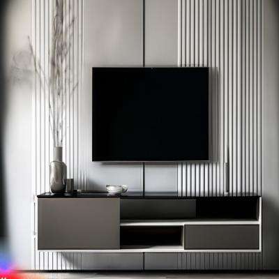 Modern TV Unit Design in White and Metallic Grey Laminate