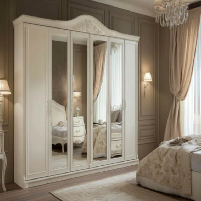 Modern Frosty White 6-Door Wardrobe Design With Mirror