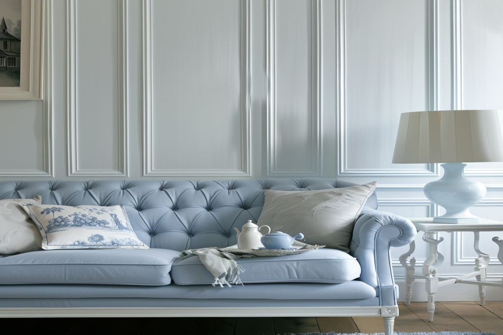 Modern Pastel Blue Living Room Design With White Wall Panelling