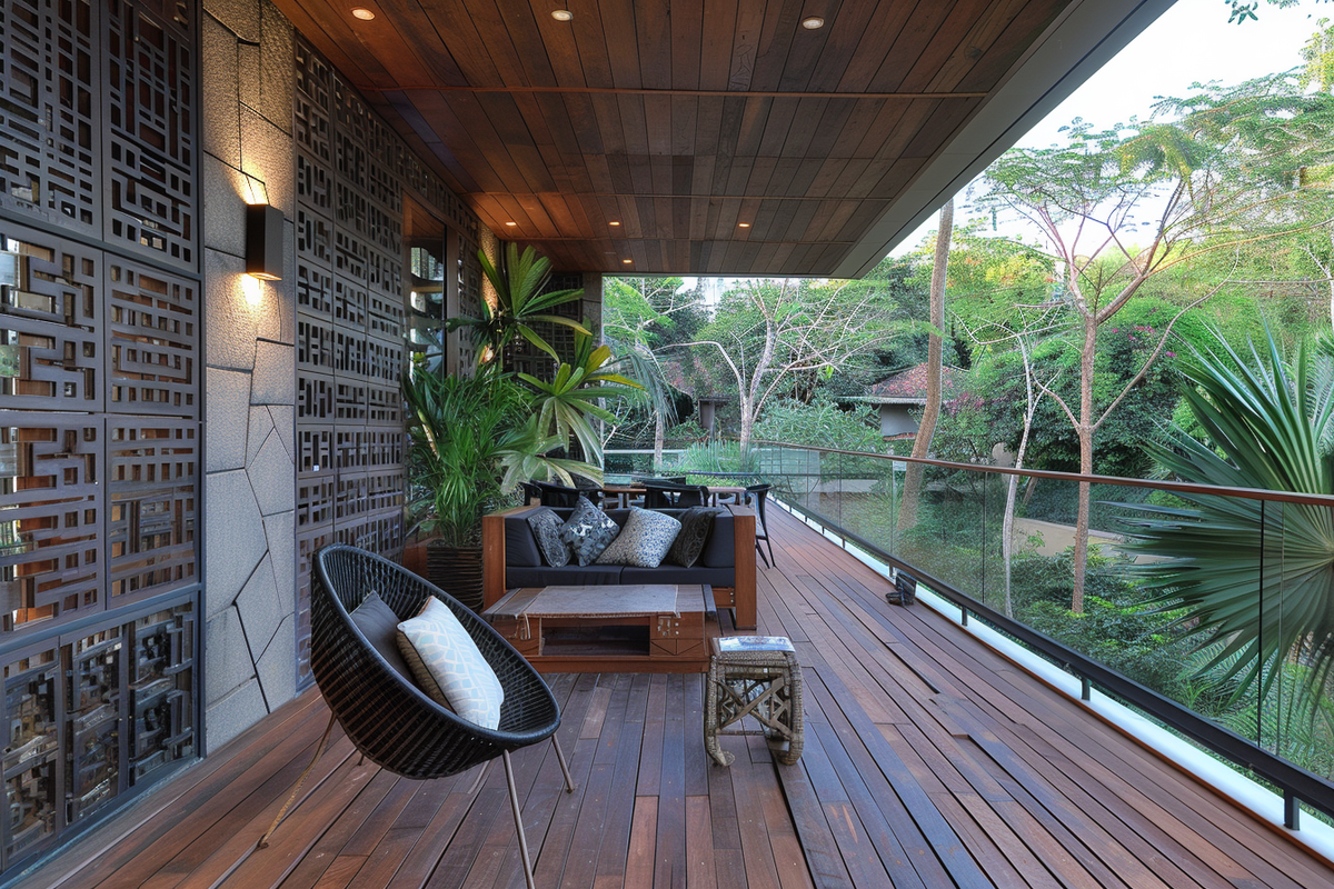 Tropical Balcony Design With Metal Square Wall Panels And Wooden Flooring